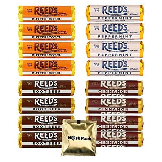 Reeds Candy Reeds Hard Candy - Individually Wrapped Rolls Variety Pack - Peppermint Flavored, Cinnamon Candy, Root Beer Candy, and Butterscotch Hard Candy with Nosh Pack Mints