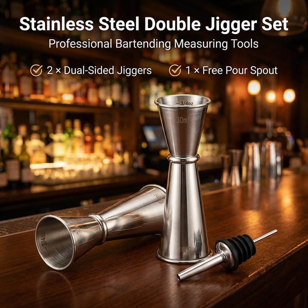 2 Pcs Jigger for Bartending with 1 Pourer, Double Head 304 Stainless Steel Measure Jiggers 2 oz 1 oz, Food-Grade Cocktail Measuring Tool for Professional & Home Bars