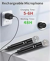Vista 2 de Juego de micrófonos profesionales para karaoke, doble captación vocal, fácil configuración, recargable por USB, pantalla LED, compatible