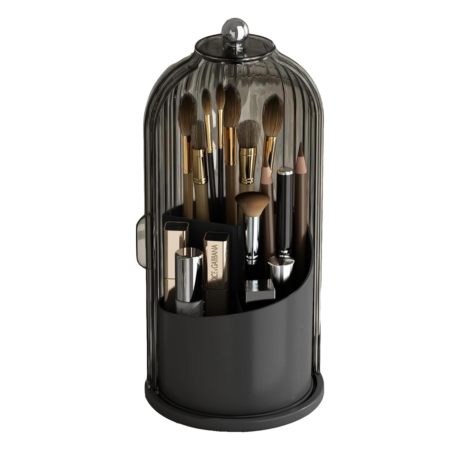 Porta pennelli da Trucco con Coperchio, Girevole a 360°, Organizer per Cosmetici da appoggio, Antipolvere, per Bagno, Trasparente (Tutto Nero)