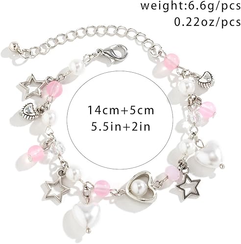 Miniatura 6 de Pulsera con dije de estrella y perlas Y2K con cuentas de corazón, pulsera delicada punk estética, regalo de joyería para mujeres y niñas