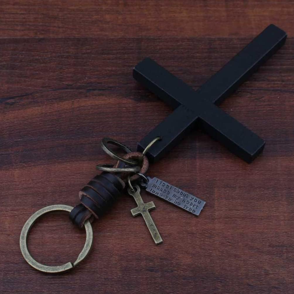 NUOBESTY Cross Charm Keychain Retro Leather Religious Cross Key Fob Keychain Elegant Metal Fashion Key Ring Pendant for Purse Handbags Accessories Black - Image 4