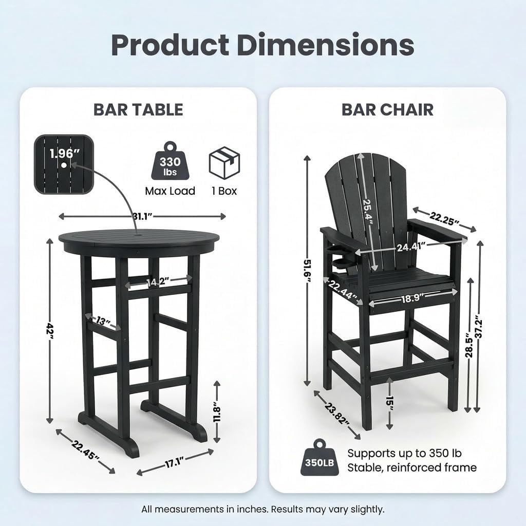kevinplus 31.3'' Round Outdoor Bar Table & Stool Set of 3, Patio Counter Height Bar Stool with Umbrella Hole & Cup Holders, HDPE Material for Weather Resistant & Easy Assembly (3-Pcs, Black)