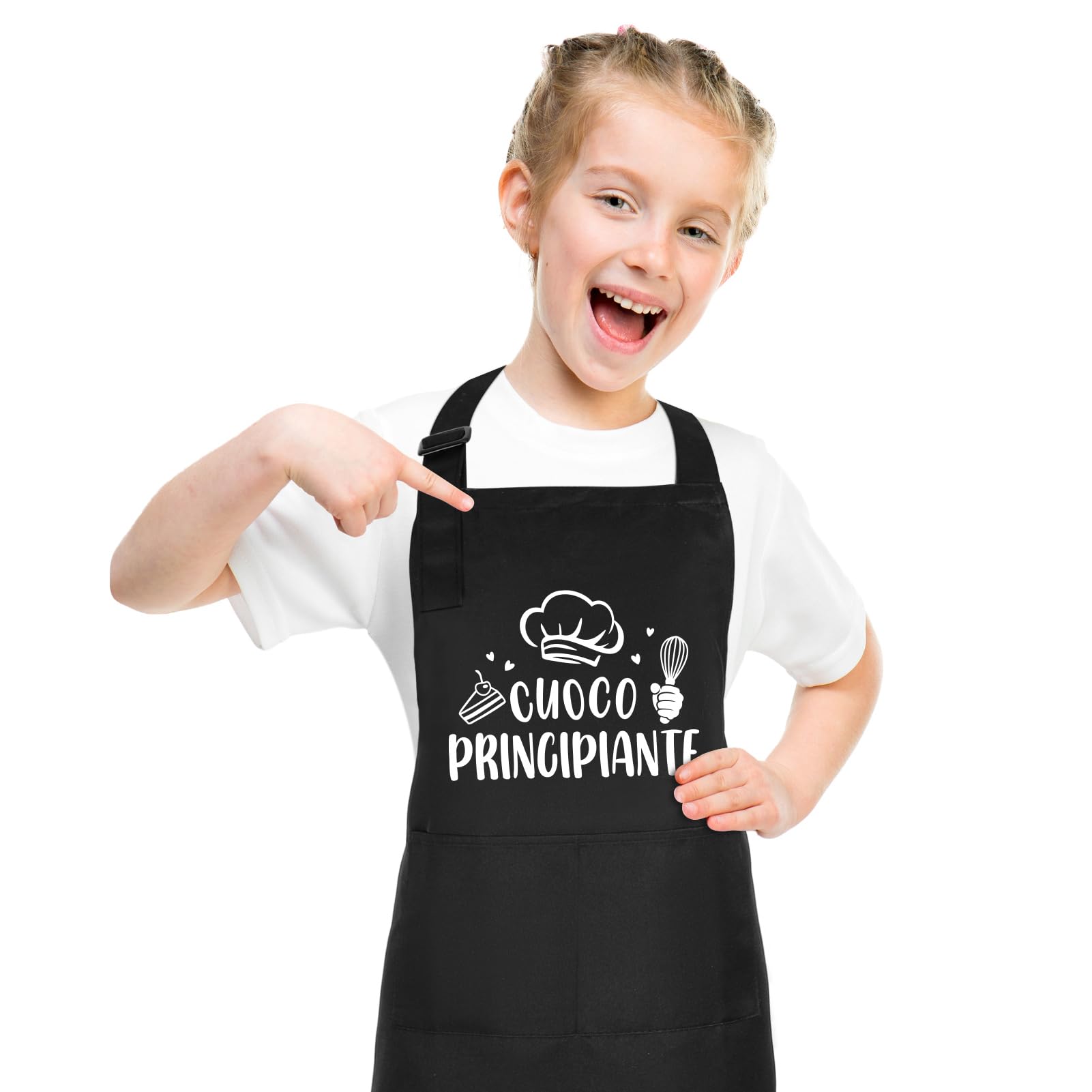 Delantal para Niños y Niñas - Delantal de Cocina Infantil Ajustable Con Bolsillos para Chef, Cocinar, Hornear, Pintar y Jardín (Negro L)