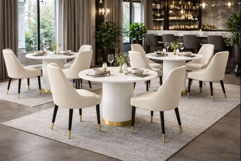 Image of 4 Seater Dining Table Set with 4 Chairs,2yr Warranty - Round Marble Dining Table (91x91x76 cm) - White Marble Top, Solid Wooden Base, Upholstered Chairs with Sheesham Wood Legs - Cream
