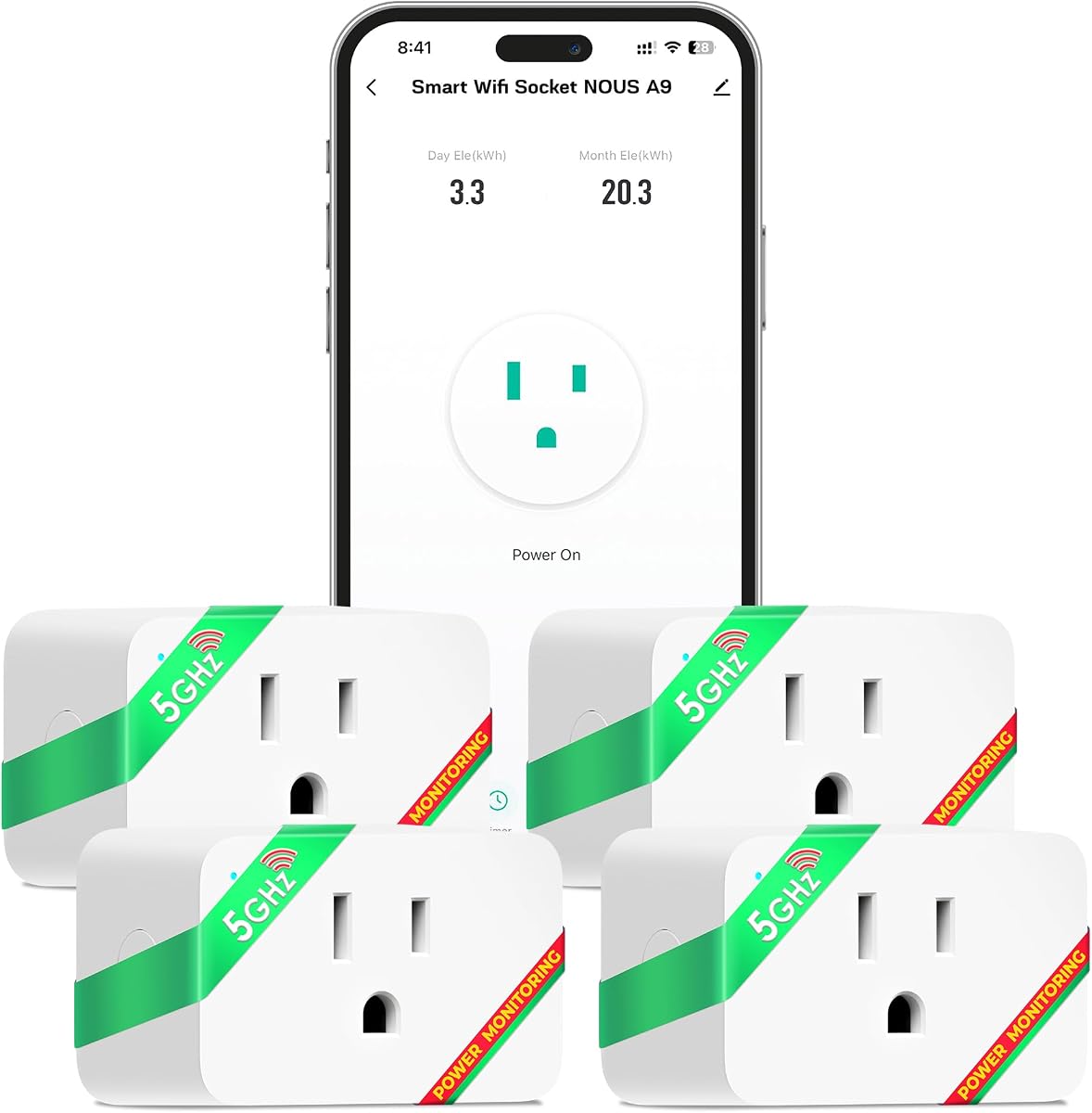Enchufe Inteligente Wi-Fi 15A, Doble Banda 2.4GHz y 5GHz, Monitoreo de Energía, Compatible con Alexa, Google Home, Tuya Smart App, Control Remoto, Temporizador, Diseño Compacto, Toma Inteligente, Paquete de 4