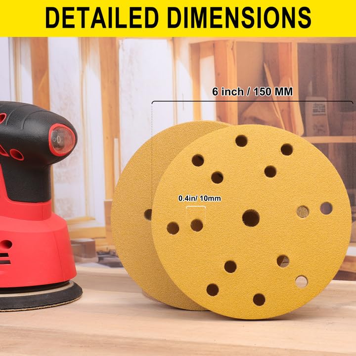 Sruhrak Sanding Discs 150mm 100 Pcs, 60 Grit 6 inch 15 Holes Hook and Loop Orbital Sander Discs - Image 2