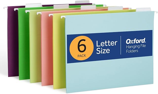 Oxford Hanging File Folders, 6 Pack, Letter Size (8.5" x 11"), 6 Assorted Colors, 5 Tab Positions, Includes Tabs and Inserts, Hanging Files for Office and Document Organization