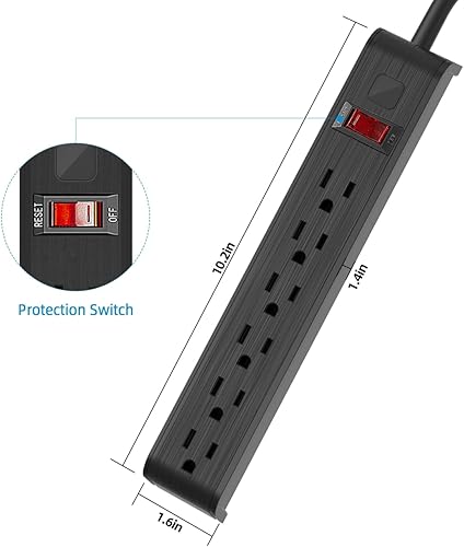 Miniatura 5 de TiFFCOFiO Regleta protectora contra sobretensiones, cable de extensión de 6 pies, protección contra sobretensiones de 600 julios, protección