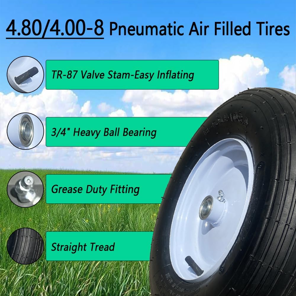 2-PACK 4.80/4.00-8" Tire Wheels w/Grease Fitting, 3/4" & 5/8" Bearings and 3"-6" Centered Hub Centered Hub，16" Pneumatic Wheel Replacement for Wheelbarrow, Hand Truck, Trolley, Garden Cart, Wagons