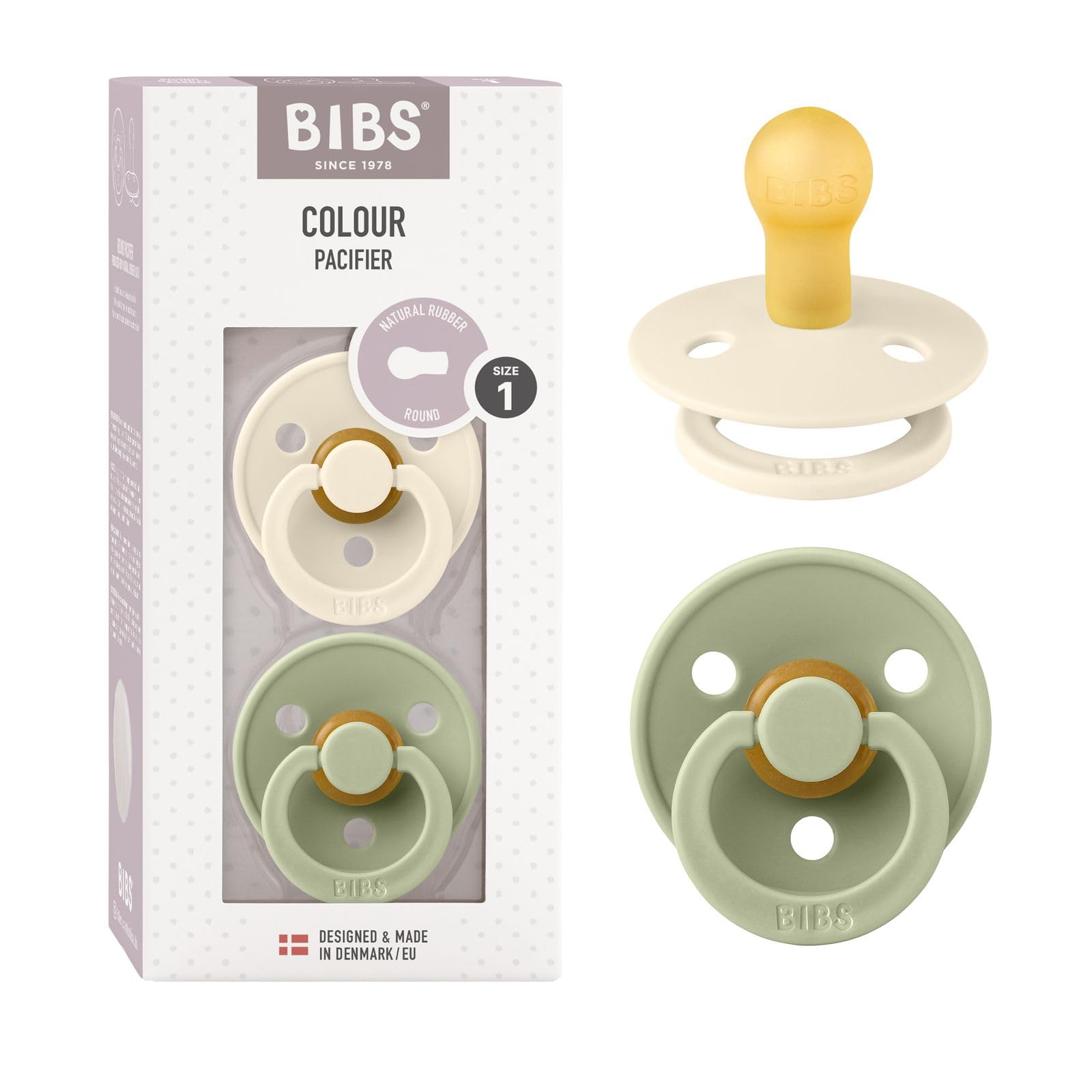 BIBS Colour Dummy, 0-6 Months, 2-Pack, Round Teat, Ivory/Sage