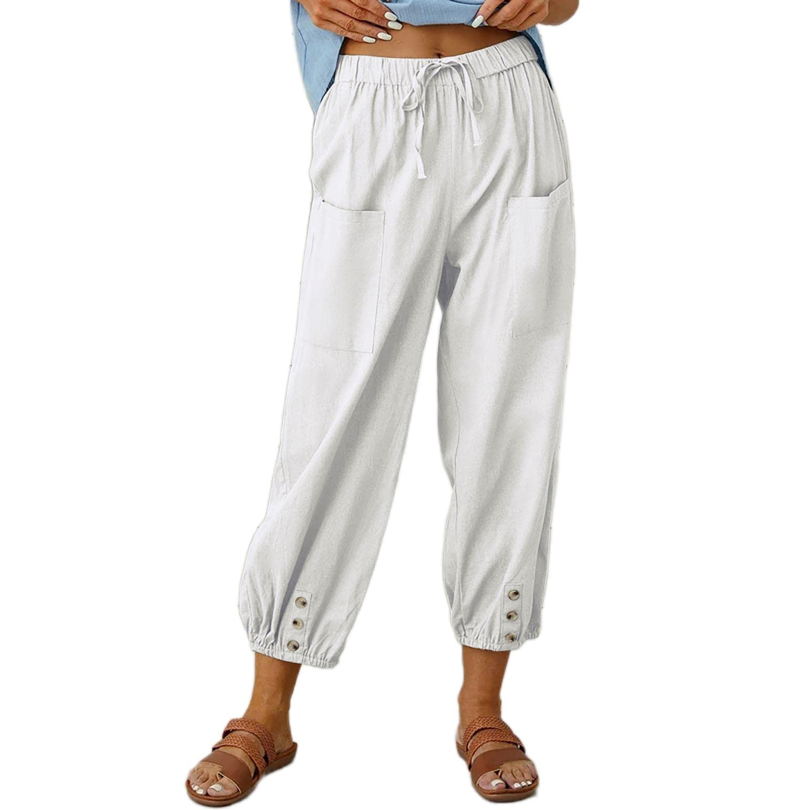 Akivide Cotton Linen Pants for Women High Waisted Drawstring Summer Comfy Flowy Casual Loose Beach Pants with Pockets