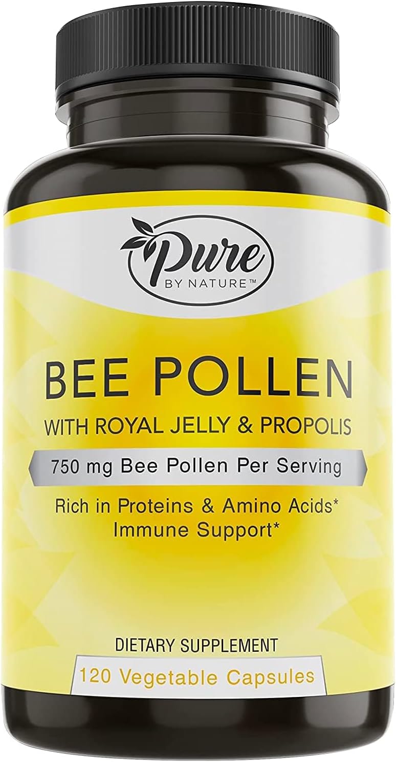 - Pure By Nature Bee Pollen Supplement with Propolis & Royal Jelly for Immune Support, Antioxidant Properties, 120 Non-GMO Vegetarian Capsules