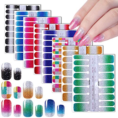 Nail Polish Strips Glitter Nail Wraps Pure Color Shine Nail Art Stickers 8 Sheets Full Wrap Nails Strips Self-Ashesive Nail Decals False Nail Design Acrylic Nail Art Tips Manicure Designs for Women