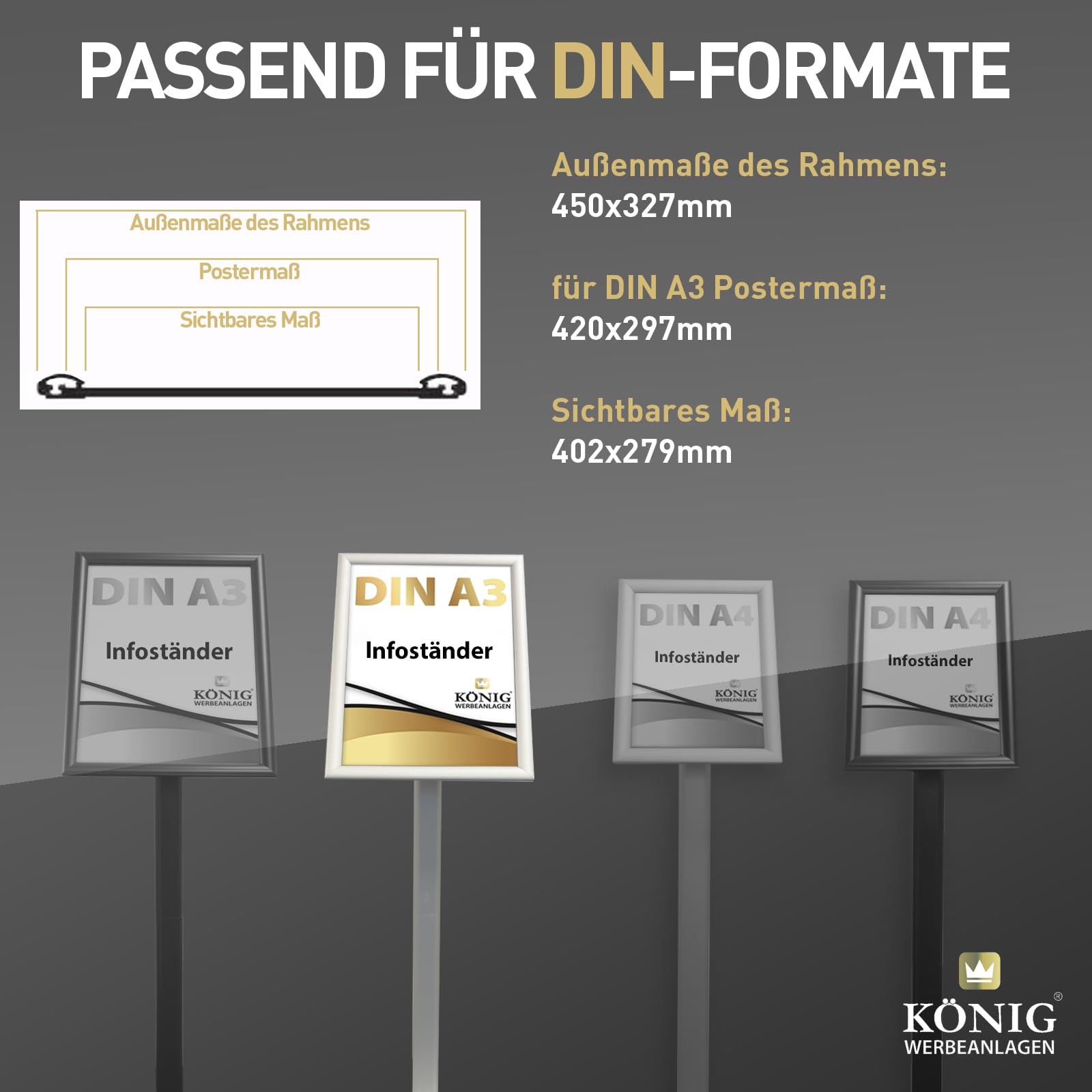 König Werbeanlagen Dreifke® Infoständer Rantum A3 silber | drehbar im Hoch – und Querformat | Aluminium Klapprahmen | Menüständer | Kundenstopper | Präsentationsständer