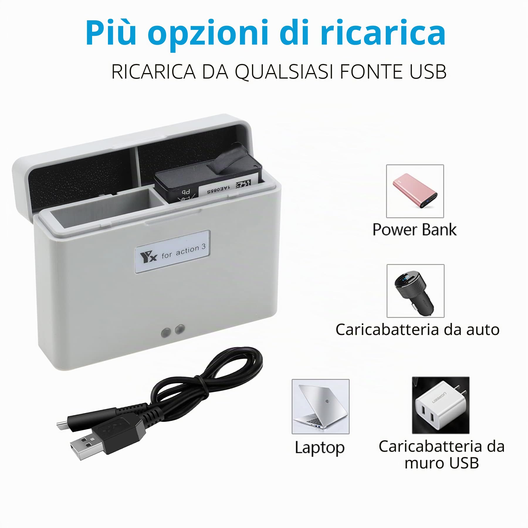 Caricabatterie per DJI Action 3/Osmo Action 4,Caricatore Ricarica 2 Batterie,Stazione di Ricarica Carica Batteria Accessori