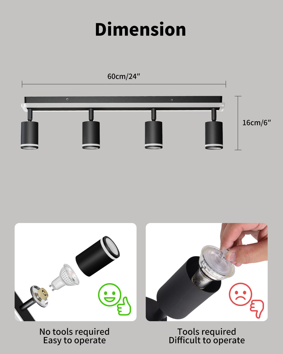 LVWIT Luminaire Plafonnier LED, 4 Spot de Plafond Salon Noir GU10, Luminaires Intérieur Pour Cuisine, Base Rectangulaire Avec Barre Lumineuse Intégrée (Sans Ampoule)