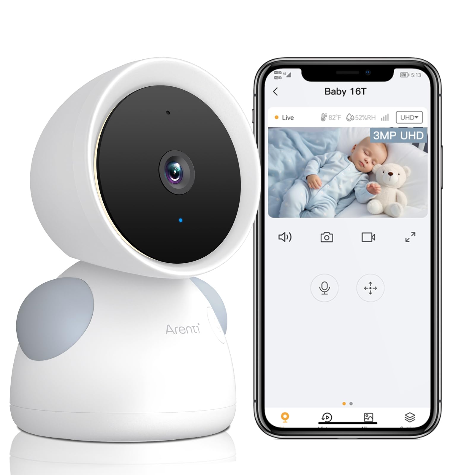 ARENTI Babyphone mit Kamera und App 2K/3MP, 5 Zoll WiFi Video Babyphone PTZ 355°, Automatische Verfolgung, Schreierkennung, Temperatur- und Luftfeuchtigkeitssensor, IR Nachtsicht, nur Cam