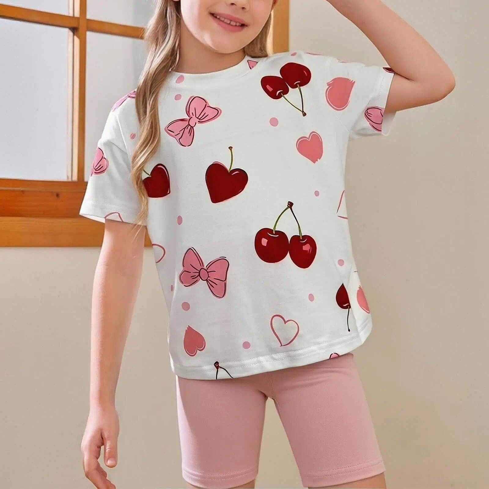 Conjunto de dos piezas de punto para niñas, camiseta de manga corta con cuello redondo y pantalones cortos hasta la rodilla estampados, estilo princesa, casual, verano — view 4