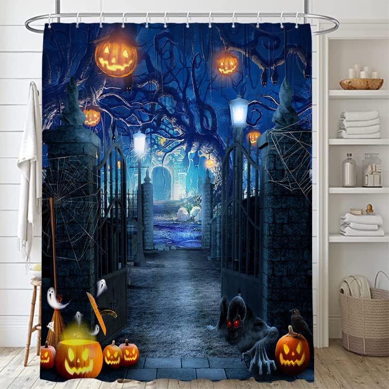 Lofaris Cortina de ducha de Halloween para baño, terror, noche, bosque, cementerio, patio, puerta, espeluznante calabaza, farol, murciélago,