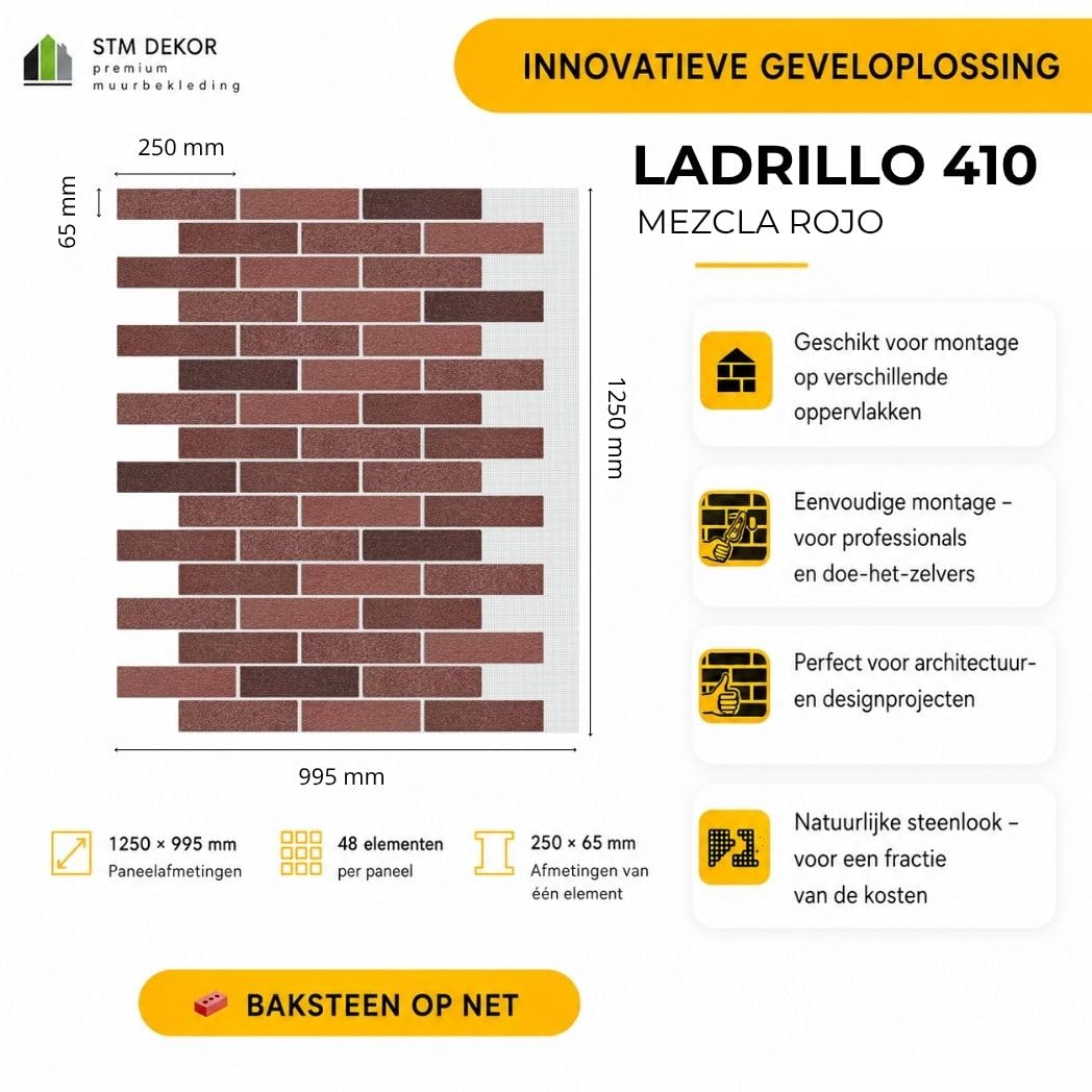 AMK Paneles Decorativos para Pared – Revestimiento de Piedra Artificial (Marmorsplitt) – Imitación Ladrillo – 10 Paneles (9.4 m²) – 410 Mix-Rojo – Para Fachadas e Interiores