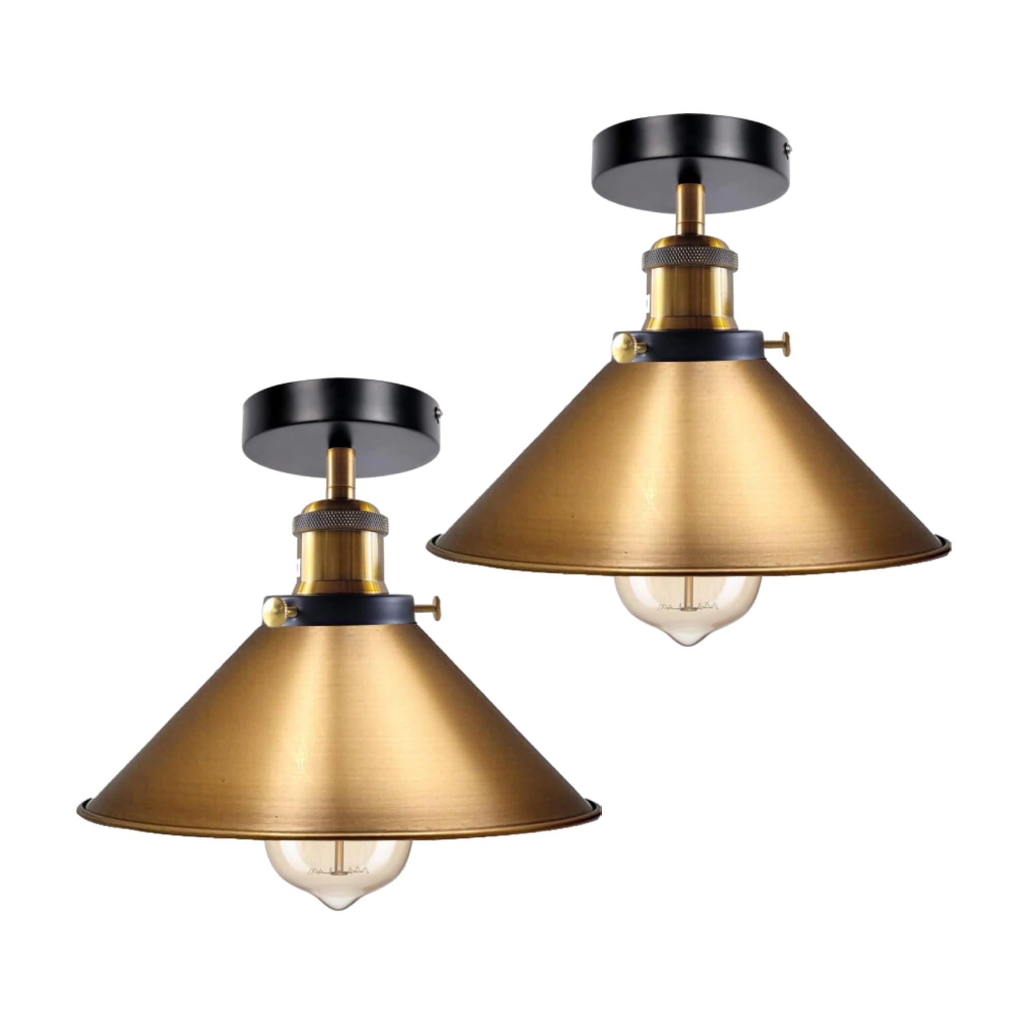 LEDSone 2Pcs Flush Mount Ceiling Light E27 Metal Yellow Brass Cone Shade with Bulb โ image 1