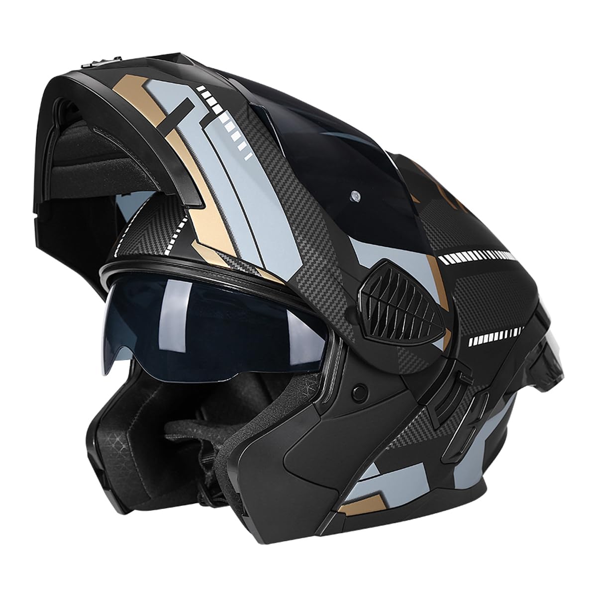 Motorrad Integral Klapphelm mit Doppelvisier integriertes Motorrad für Erwachsene Männer und Frauen Straßenrennen Moped DOT/ECE Zugelassen (Black Gold-Smoke Visor,Large)