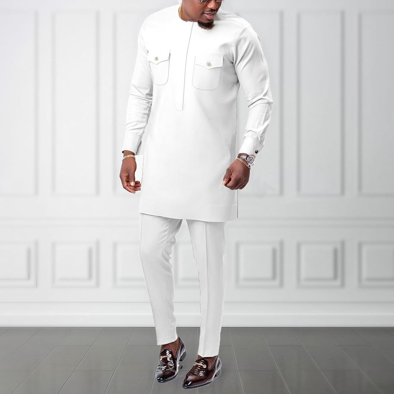 Men African Outfits 2 Piece Set Shirt Pants Nigerian Dashiki Suit Attire Clothing - Image 2