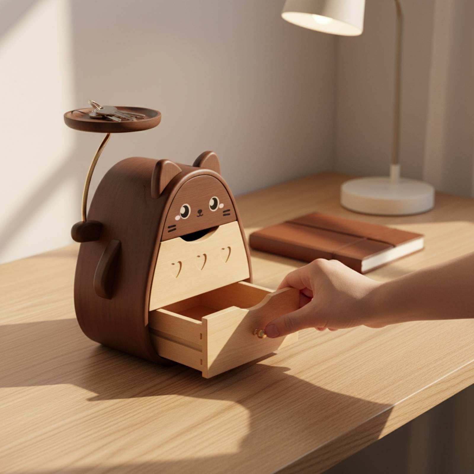 Scatola Organizzatrice da Scrivania in Legno Naturale con Tre Cassetti E Coperchio Superiore per Riporre Oggetti di Tipi con Base in Ferro E Manico Decorativo Adatto per Camera E Ufficio