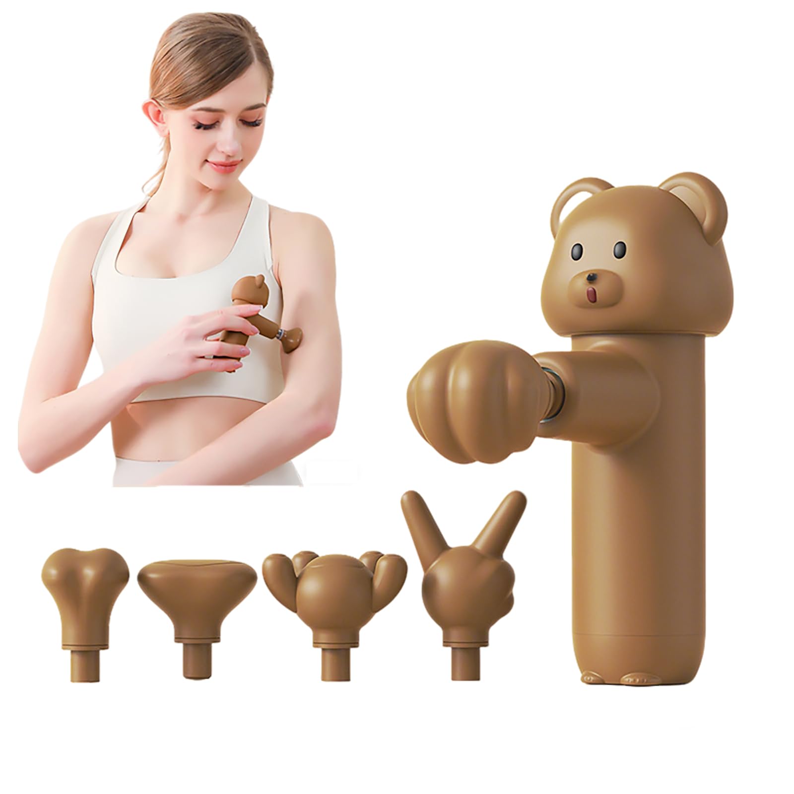 Mini Pistola de Masaje Muscular, masajeador muscular profundo portátil,4 Velocidades,5 Cabezales Intercambiables, Pistola Masajeadora Muscular Cervical y Espalda (Brown)