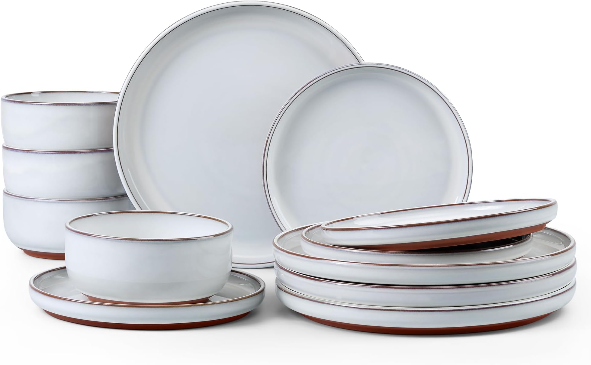 12 Piece Dinner Set, Stoneware Dinnerware Set for 4, Reactive Glaze Dining Ware Plates and Bowls Set with Rustic Terracotta Base, Scratch Resistant, Microwave & Dishwasher Safe, Glacier White