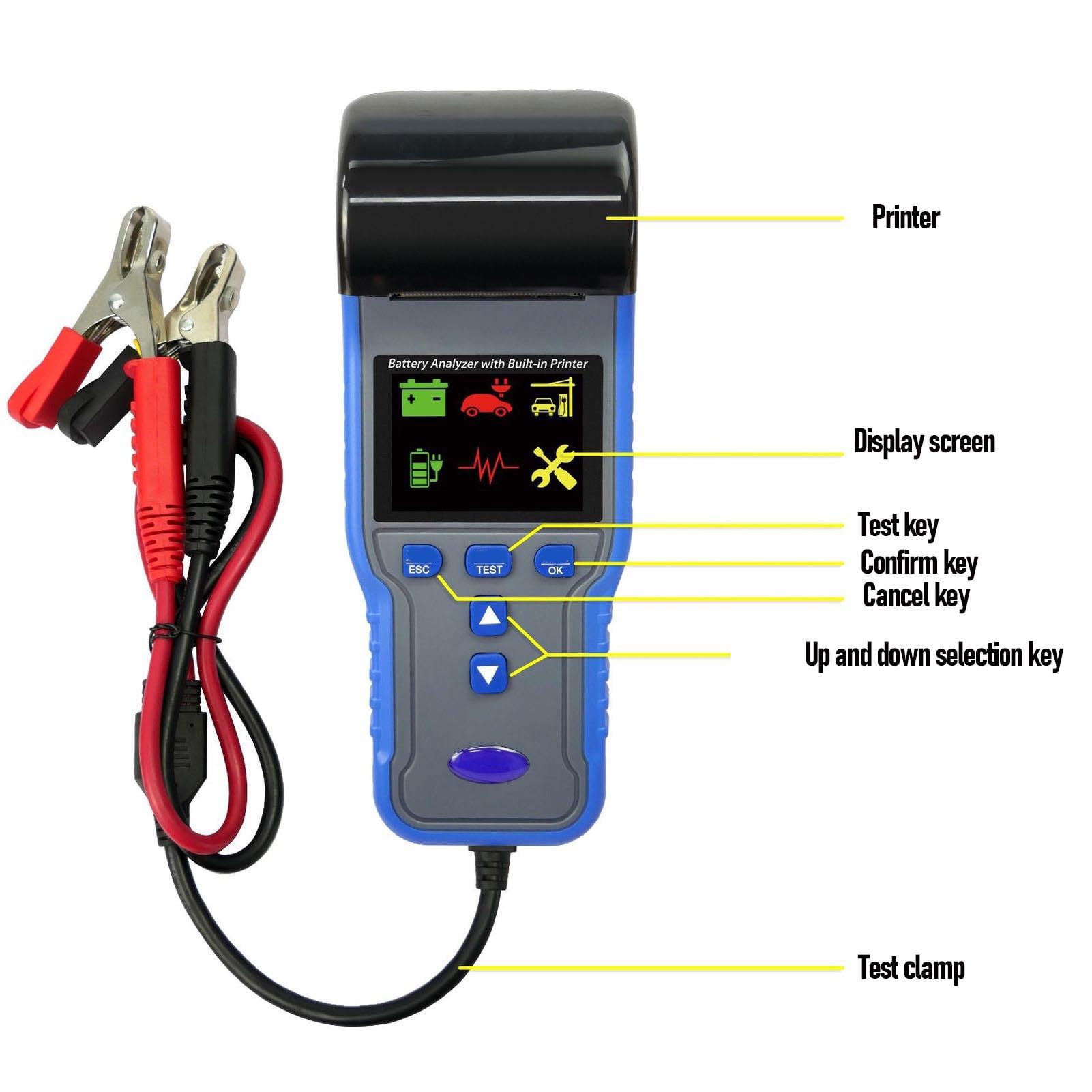 Tester Batteria Auto, Materiale ABS, Strumento Diagnostico LCD Avanzato per Batterie 12V 24V con Stampante, Supporta da 100 a 2000 CCA per Auto e Camion