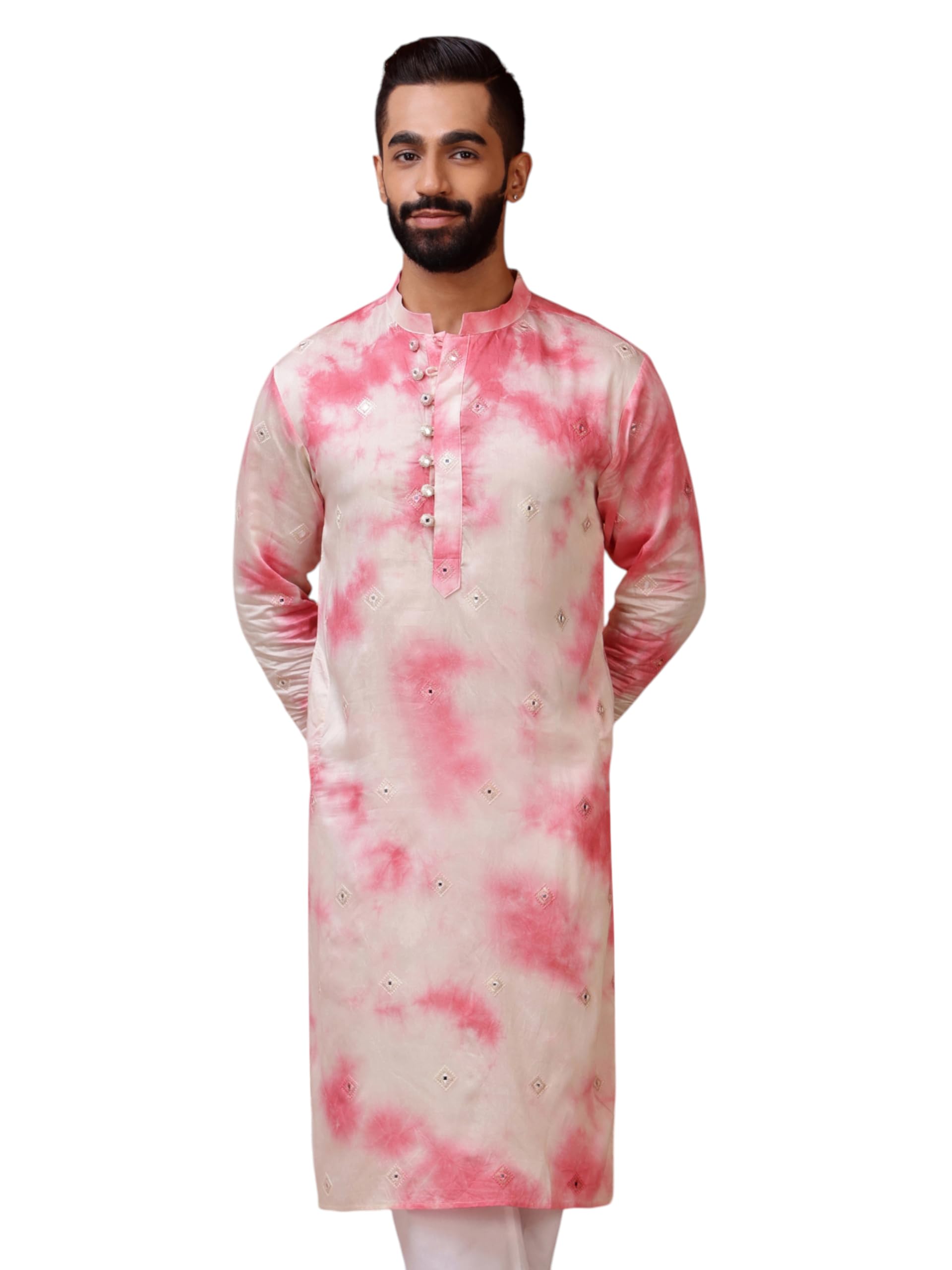 Men's Tie-Dye Kurta for Men in Viscose Blend with All-Over Mirror Buti Embroidery and Shell Button Placket - Size -S, M, L, XL, XXL-image-48