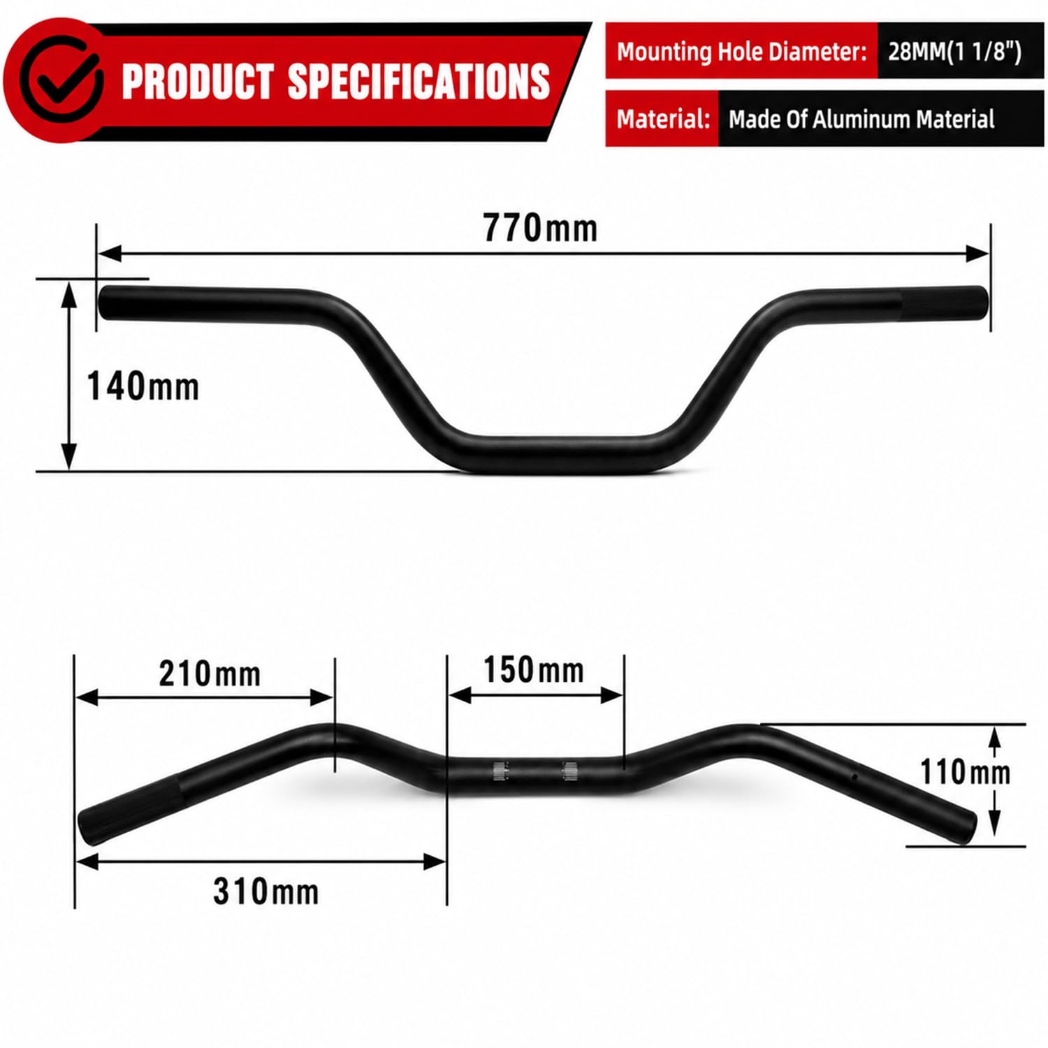 Manubrio Moto 28mm,CNC Alluminio Manubrio Moto Universale per bici elettrica Sur Ron ULTRABEE Ultra Bee-Nero