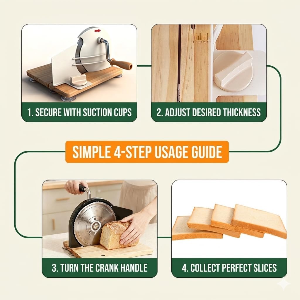 Manual Bread Slicer for Homemade Sourdough Bread,Space Saving Design,Solid Wood Bread Cutter with Adjustable Thickness & Serrated Stainless Steel Blade with Suction Cup Base (Black)