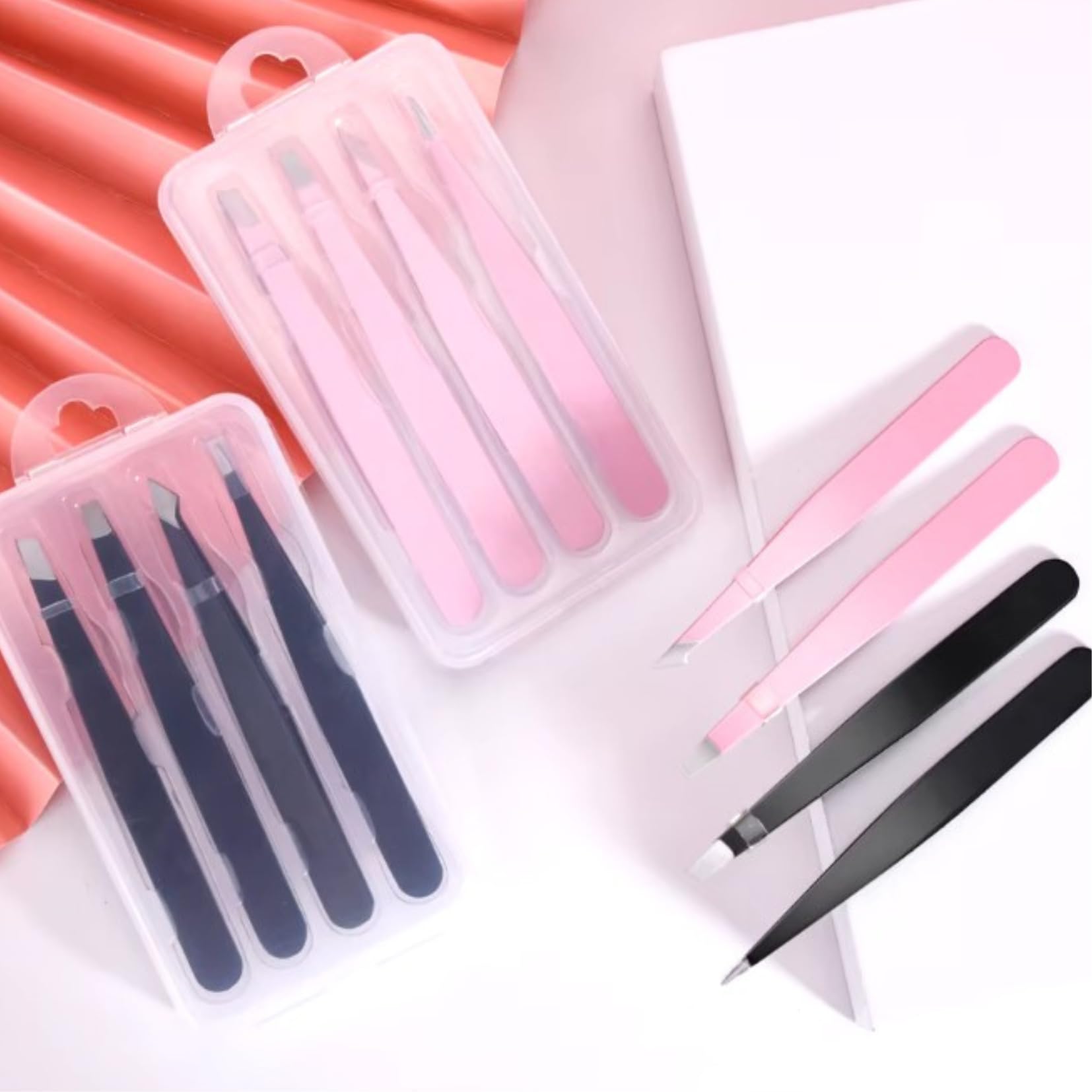 Pinzas de cejas para mujer: pinzas puntiagudas, pinzas inclinadas y pinzas astilladas. Pinzas de precisión para cabello facial de mujer. Juego de 4 pinzas para cejas. (pinzas negras)