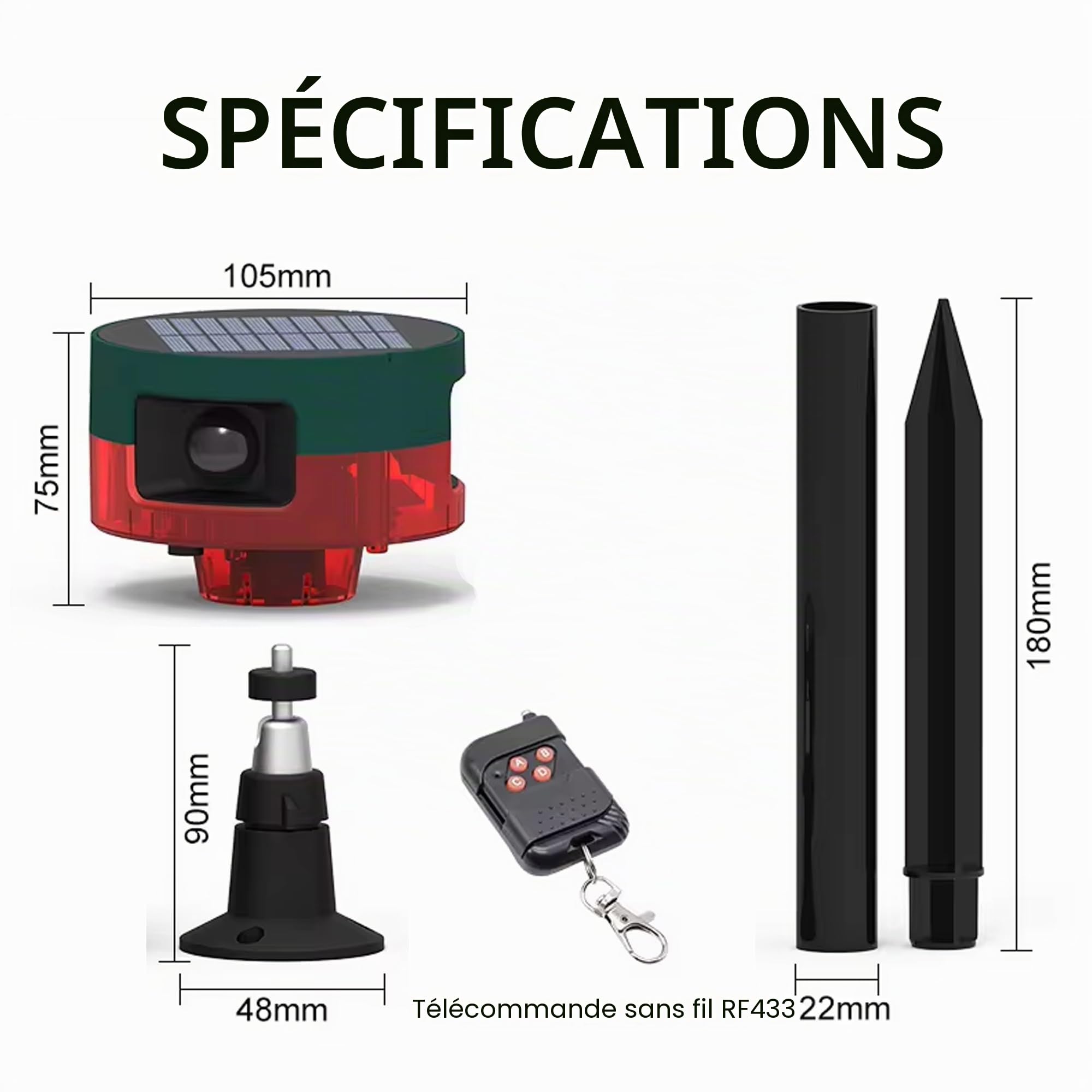 Alarme de détecteur de Mouvement Solaire extérieur - Alarme de détecteur de Mouvement 360 ° améliorée, sirène puissante de 129 DB, 13 Types de Son, Prise en Charge de l'enregistrement (1 Pack)
