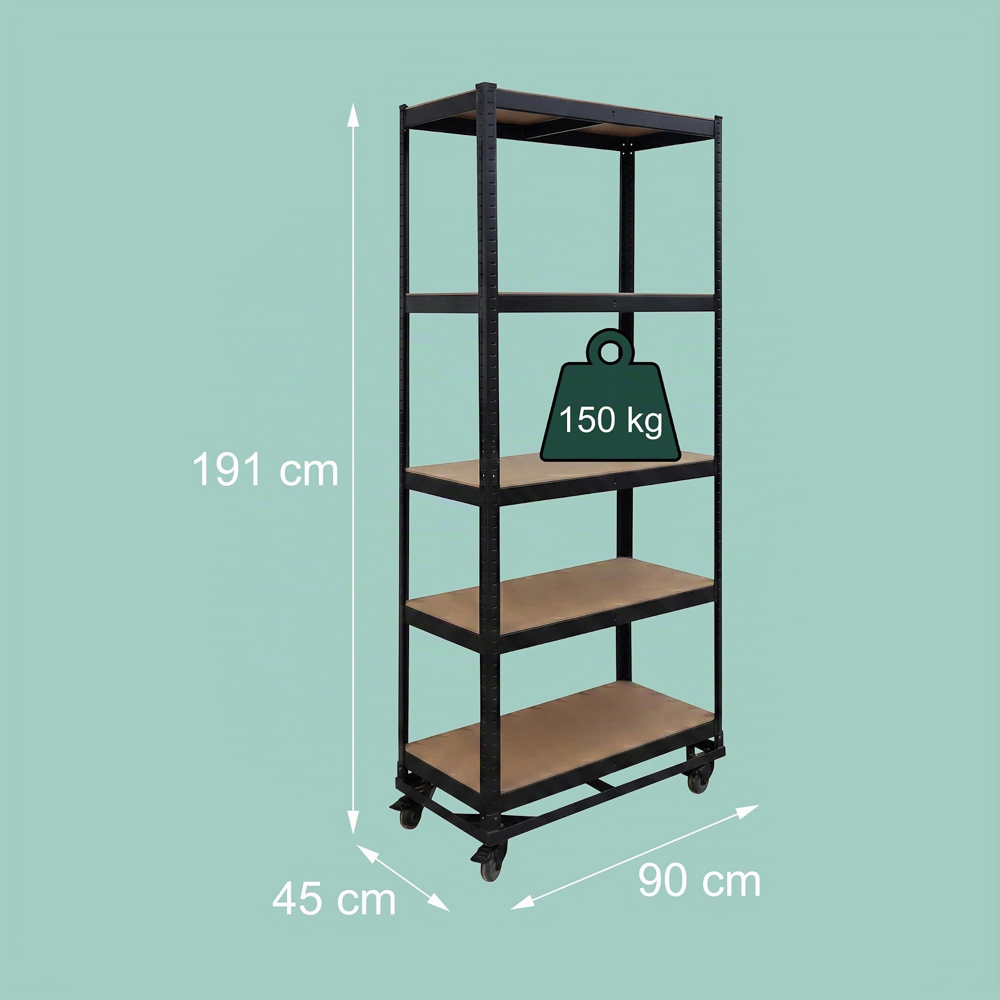 Relaxdays Étagère Robuste sur roulettes, HxLxP 191 x 90 x 45 cm, 750 kg, 5 tablettes, Acier, emboîtement, Noir