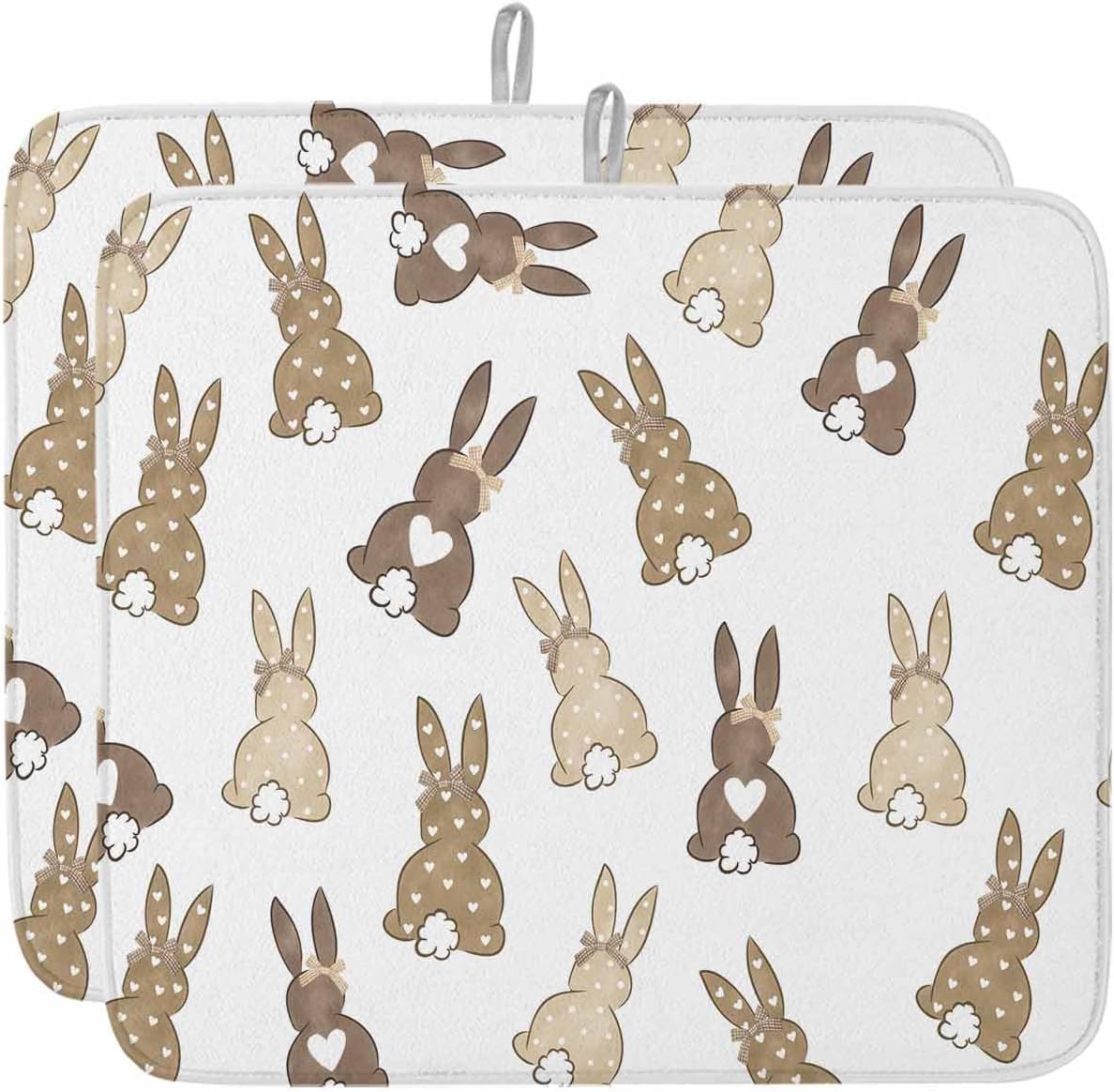 Easter Bunny Tail Cartoon Style Dish Drying Mats for Kitchen Counter,Absorbent Microfiber Dish Drainer Rack Mat Brown Rabbit Retro Linen Drying Pad for Sinks,Utensils,Countertops,18x24in