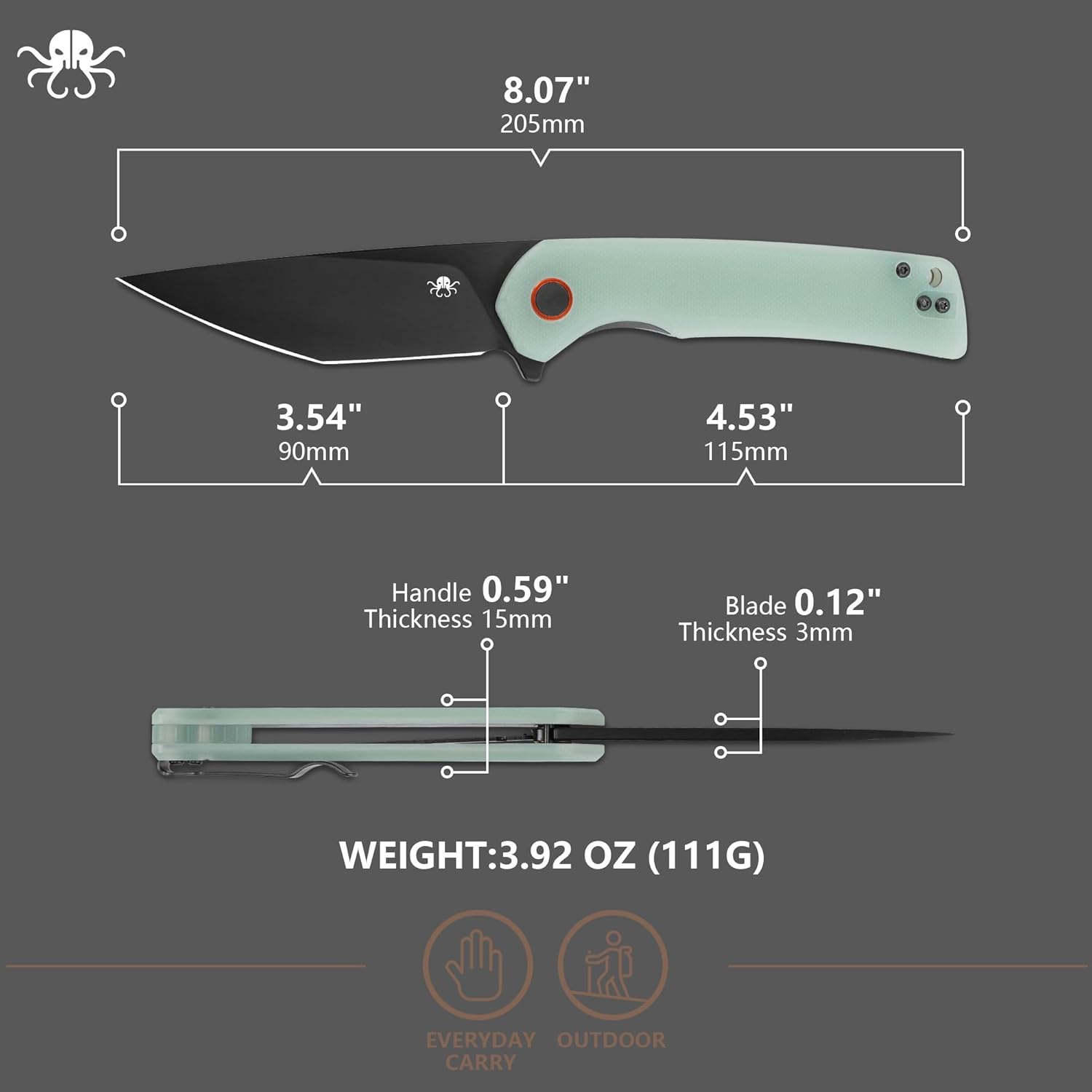 Pocket Knife for Men Women, 3.54" D2 Tanto Blade Folding Knife, G10 Anti-Slip Handle Pocket Camping Knife with Pocket Clip, EDC for Outdoor Survival Hiking