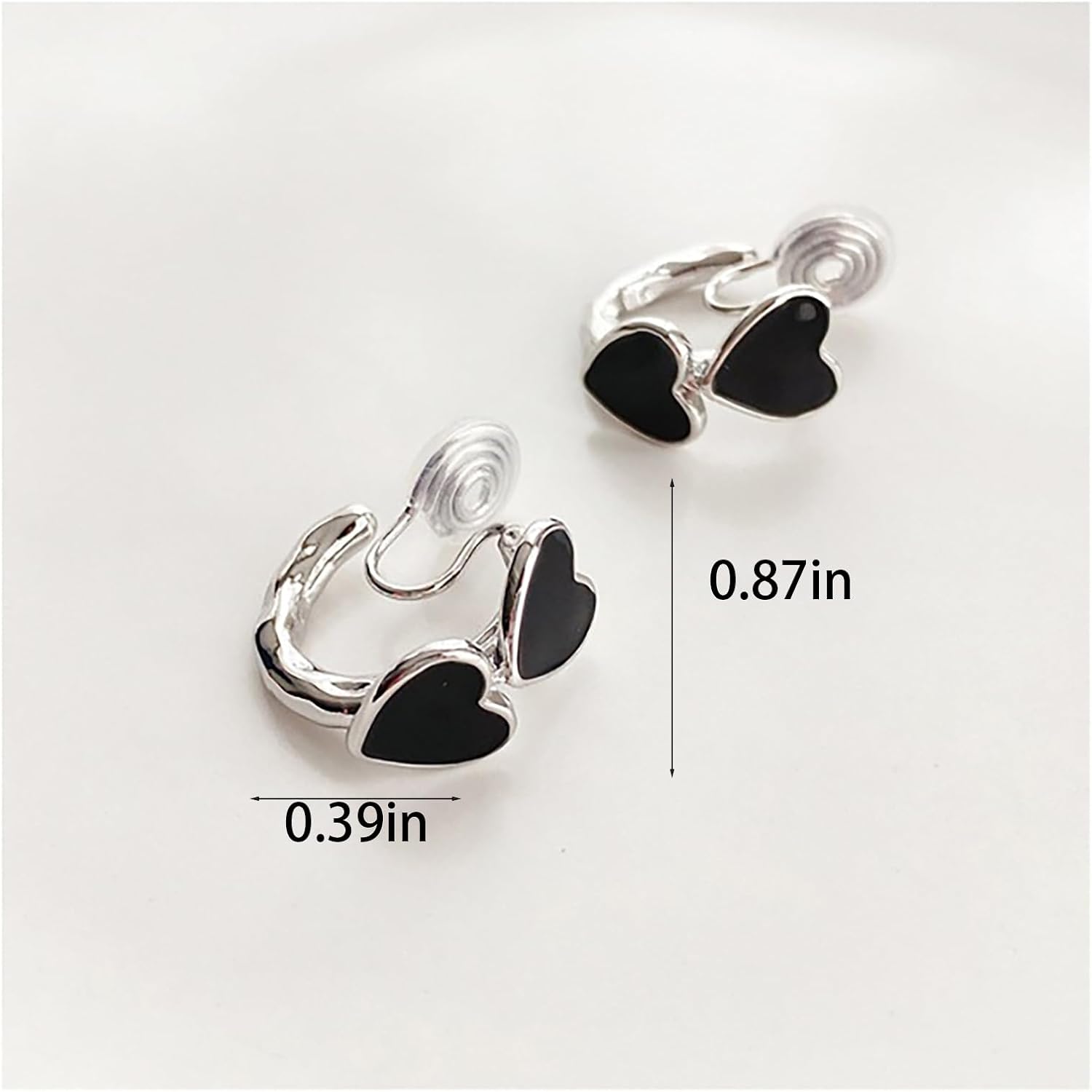 Double Black Heart Clip On Earring for Women Black Enamel Heart Earrings