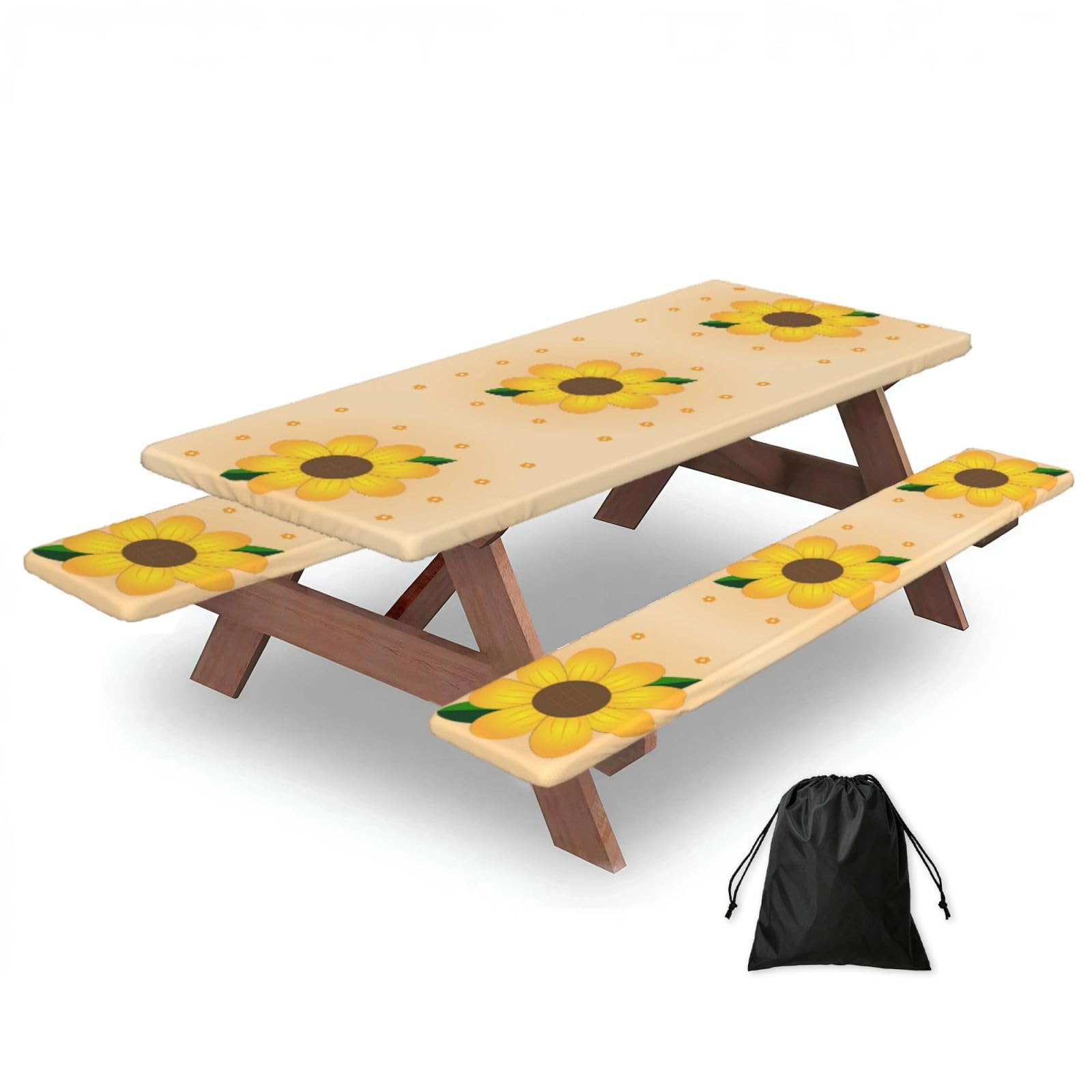 Hhbiuuo Black 72In Camping Table Cover & Bench Covers 3-Pack Set, Golden Sunflower Print Tablecloths, For Rectangle Tables Picnic