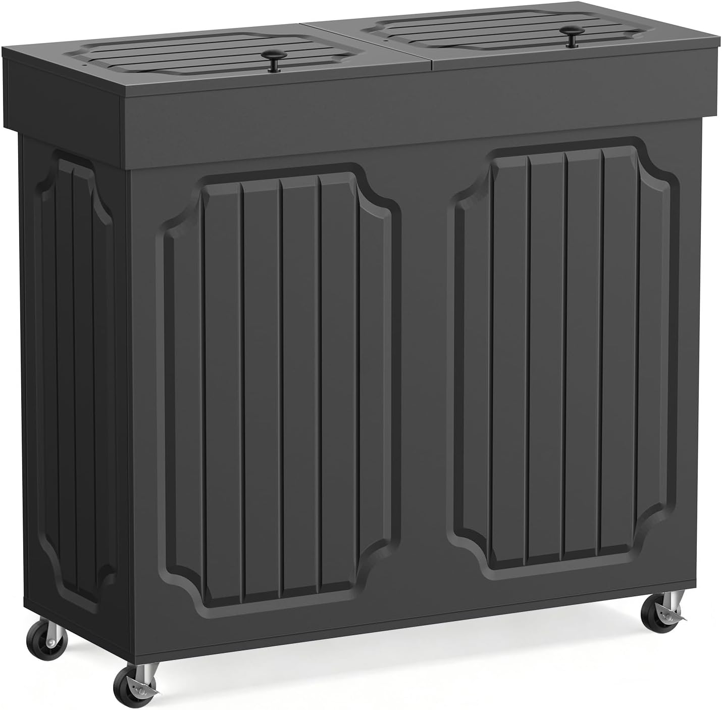 Povrgive Double Kitchen Trash Can Cabinet, 2 × 13 Gallon Dog Proof Wood Garbage Can with Flip Out Lid, Farmhouse Hidden Trash Recycling Bin with Wheels for Indoor, 29.5" L × 12.6" W × 27.5" H, Black