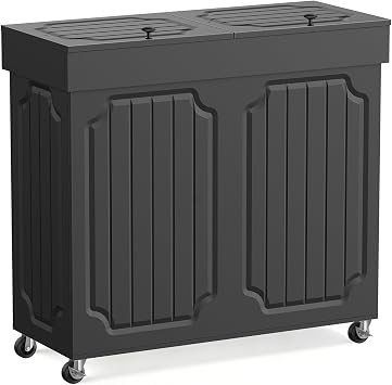 Povrgive Double Kitchen Trash Can Cabinet, 2 13 Gallon Dog Proof Wood Garbage Can with Flip Out Lid, Farmhouse Hidden Trash Recycling Bin with Wheels for Indoor, 29.5" L 12.6" W 27.5" H, Black