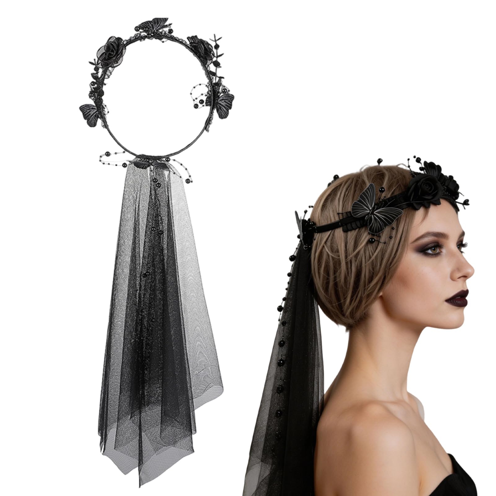 Halloween Black Veil for Adult, Black Gothic Bride Headband with Butterfly, Rose & Veil, Halloween Hair Accessories for Women, Party, Costume, Cosplay, Funeral, Day of The Dead Decor