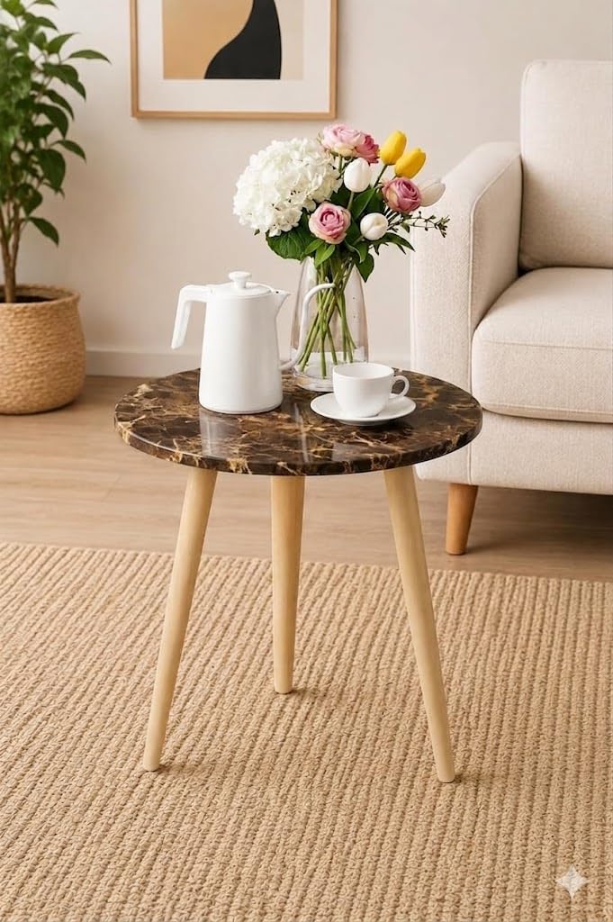 Mini End Table for Living Room Coffee Table with Wood Legs for Compact Space, Modern Gorgeous Round Side Table with Marble Finish Corner Table (Brown)-image-49