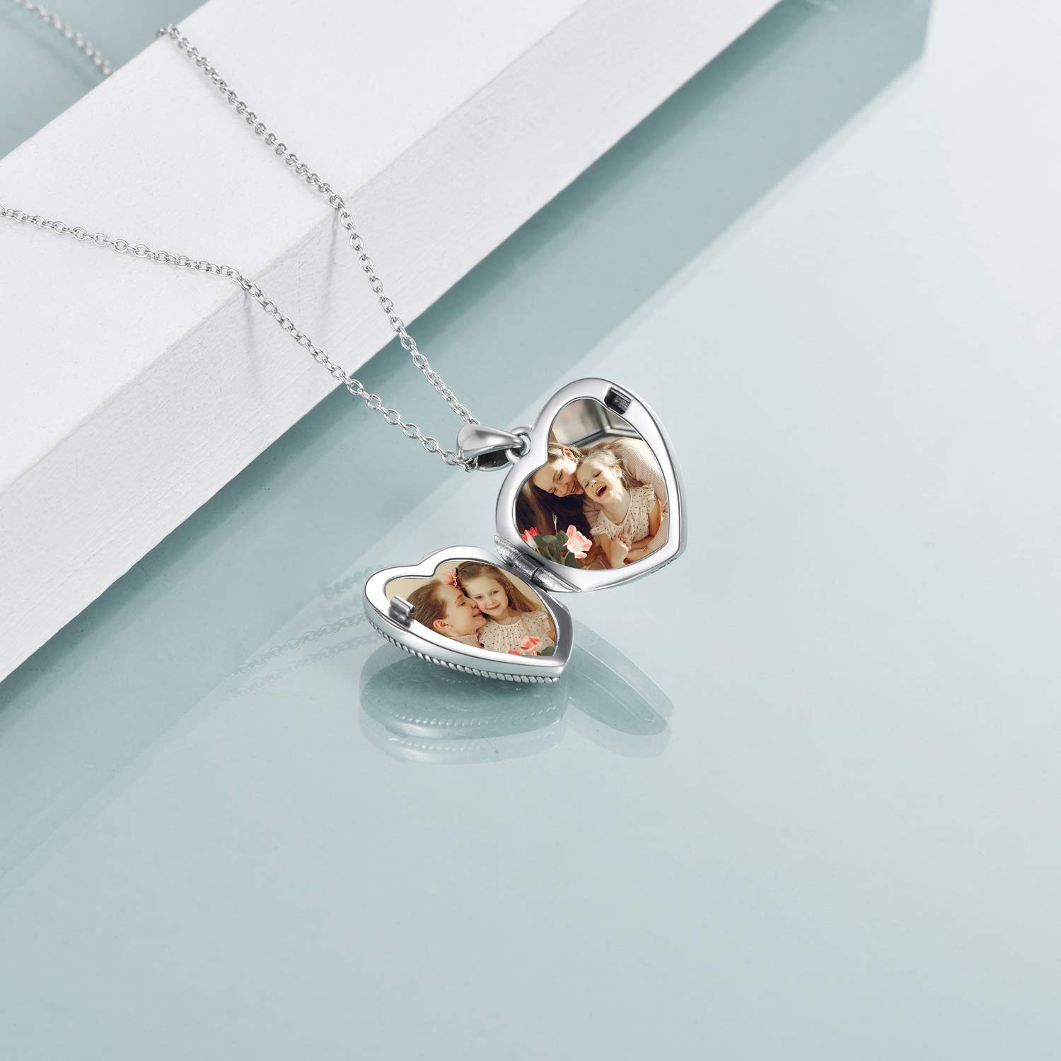 URONE Sterling Silber Herz Foto Medaillon Vintage Anhänger für Frauen Bild Medaillon Schmuck mit Kristall aus Österreich Geschenke für Frauen Mädchen