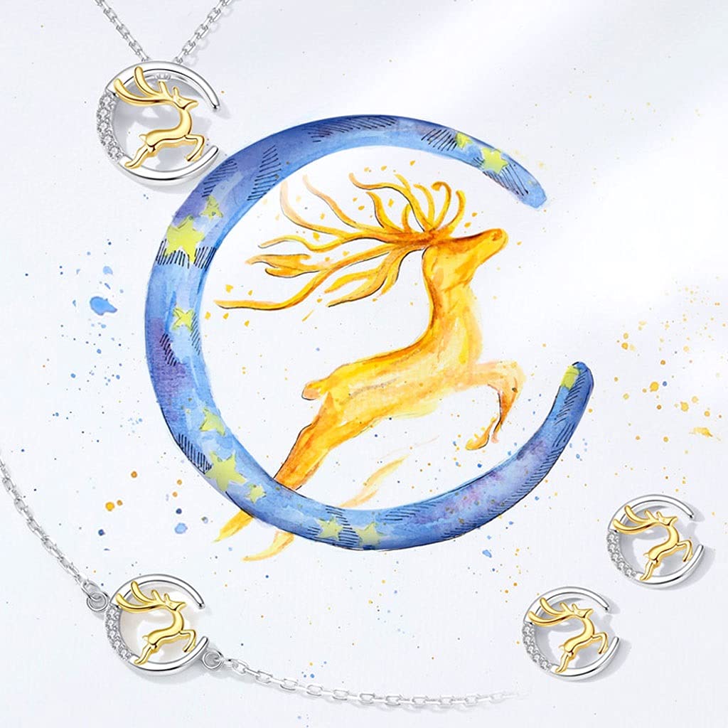 Collane La Combinazione Cervi e collane in Argento Luna per Donna, collane del Pendente clavicola squisita, Lunghezza Totale è 15,55 Pollici Collana da Donna (Color : A)