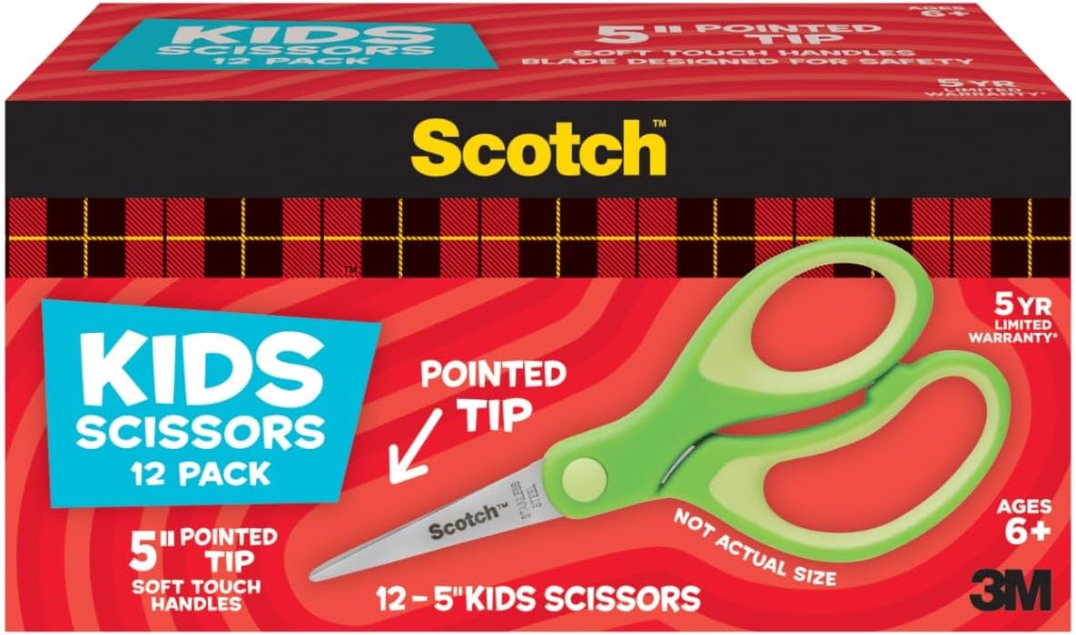 Tijeras para niños con punta puntiaguda de tacto suave de 5 ", paquete para maestros de 12 unidades