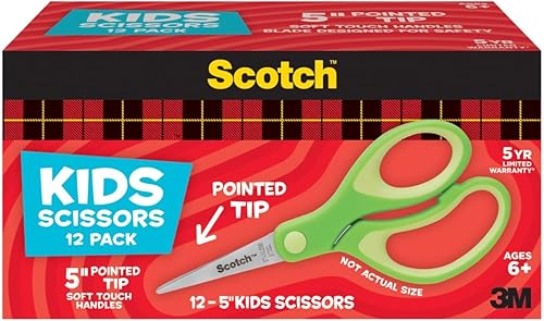 Scotch 5" Tijeras para niños con punta puntiaguda y tacto suave, paquete de 12 unidades para maestros, color verde, tijeras multiusos para la